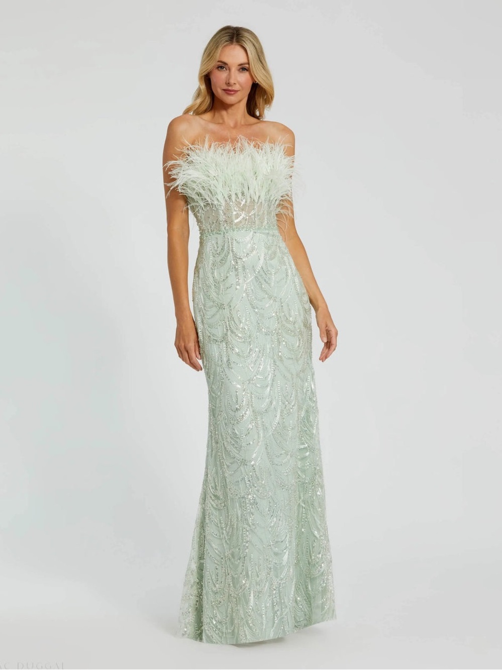 Mac Duggal 20890 Green Strapless Feather Bustier Gown with Embroidery sz 8